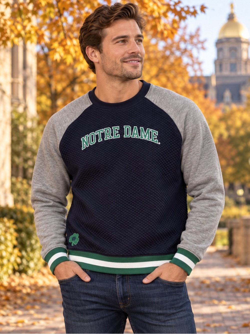Notre Dame Heritage Lansdowne Men’s L Quilted Crewneck Sweatshirt Navy Gray